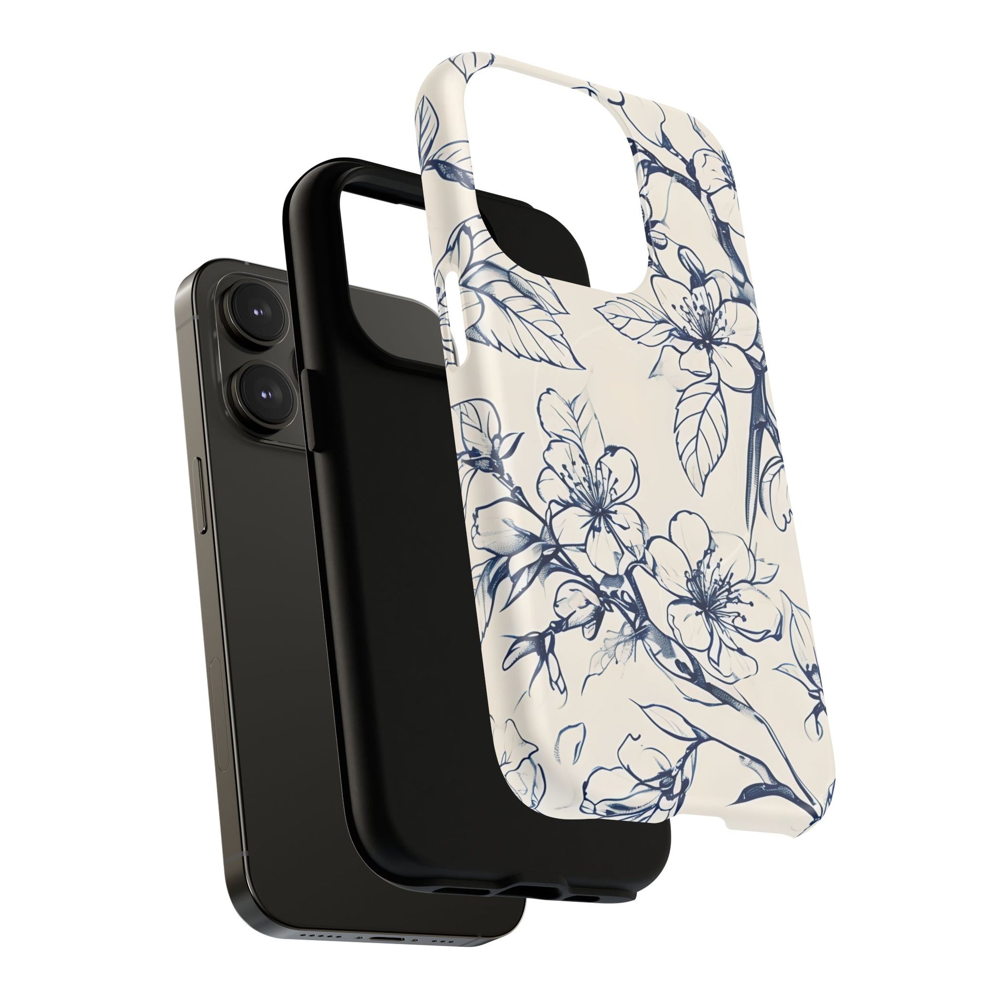Blossom Sketch - Artistic Blue Floral - iPhone 14 Pro MagSafe Phone Case - Hand-Drawn Botanical Design