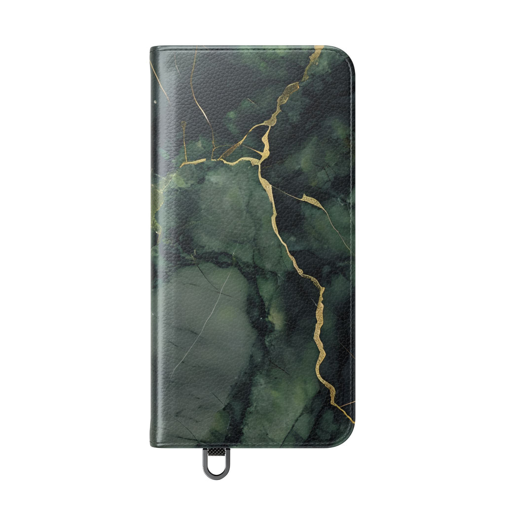 Verdant Vein - Flip Phone Case for Samsung Galaxy S25 Plus - Green and Gold Marble Design