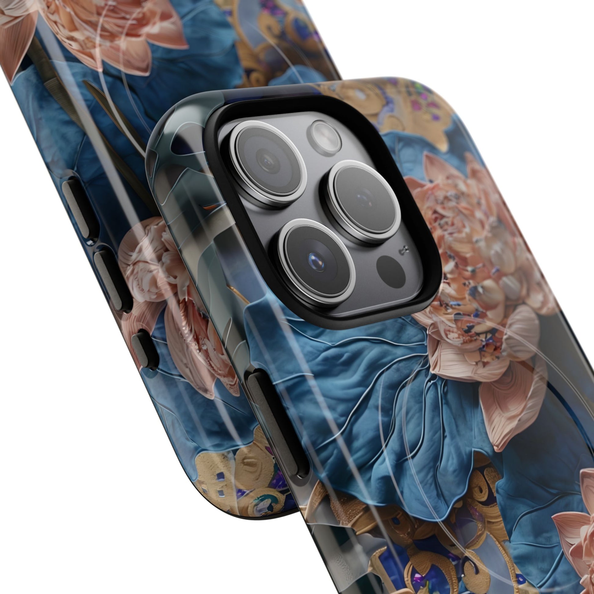 Peony Midnight Tapestry - iPhone 15 Pro - MagSafe Compatible - Elegant Blue & Blush Artful Phone Cover