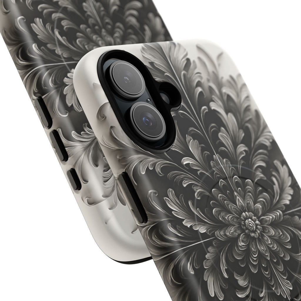 Obsidian Bloom - Elegant Black & White iPhone 16 Plus MagSafe Phone Case - Intricate Mandala Flower Design