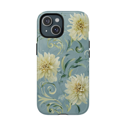 Golden Dahlia Trio botanical iPhone MagSafe case with vintage dahlia floral artwork