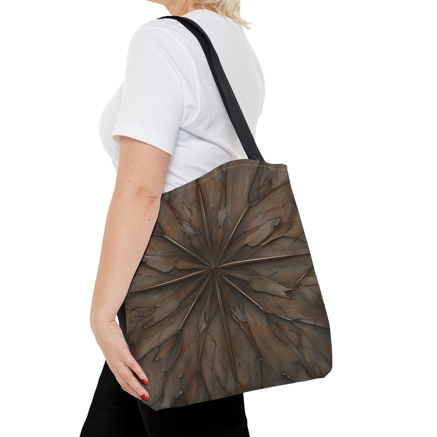 Earthstone Mandala canvas tote bag worn over shoulder showing intricate earth-toned mandala artwork