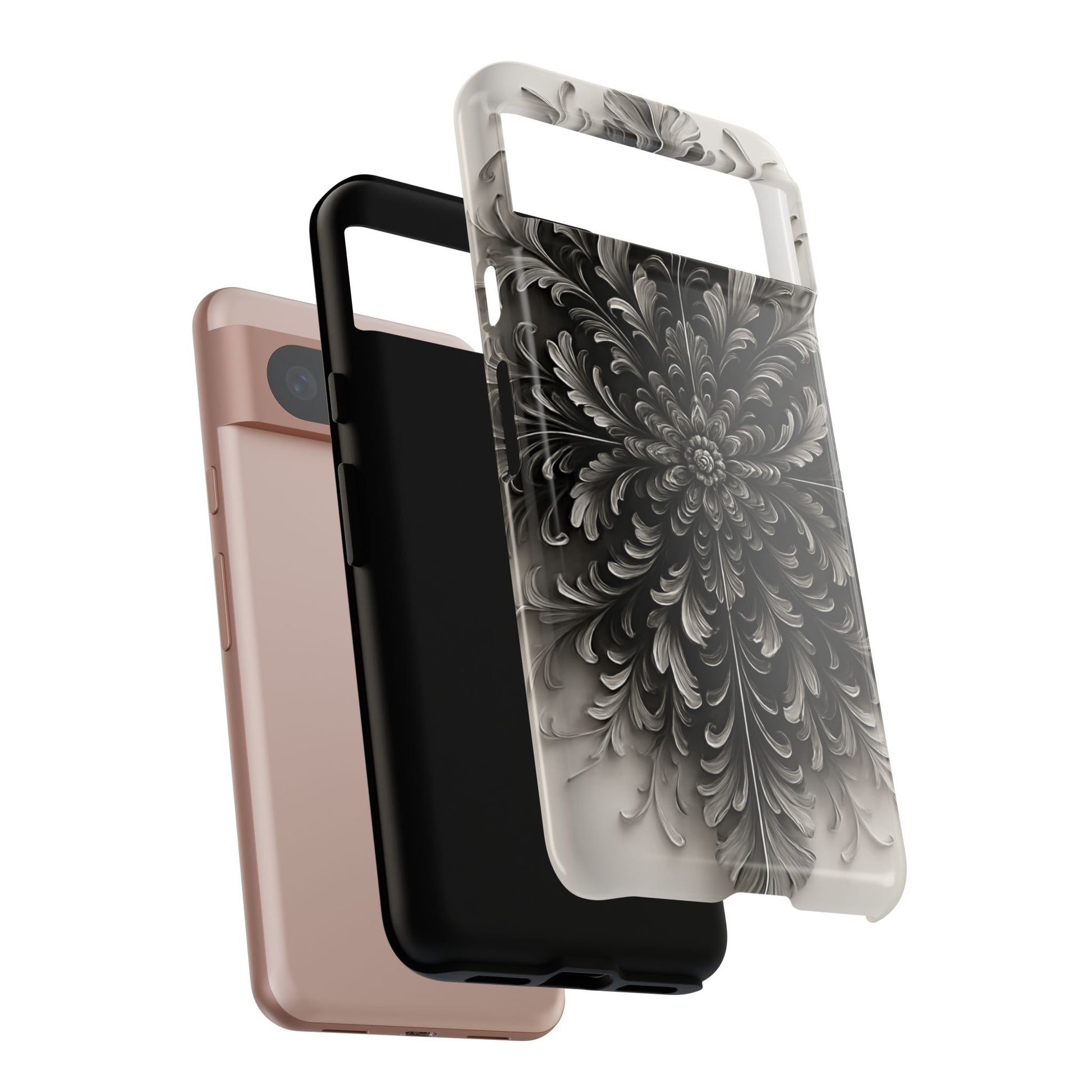 Obsidian Bloom - Elegant Black & White Google Pixel 8 Tough Phone Case - Intricate Mandala Flower Design