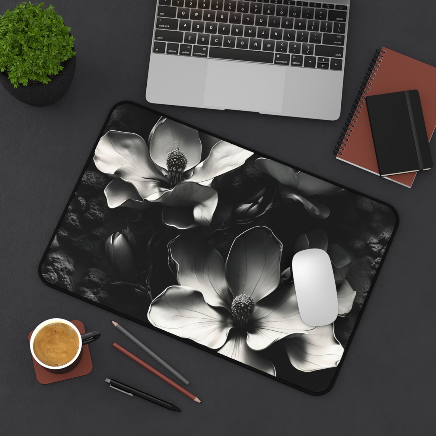 Monochrome Magnolia Desk Mat - Premium Office Desk Pad, 3 Sizes Available, Artistic Workspace Protection