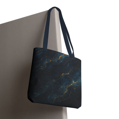 Midnight Marble canvas tote bag hanging with dark marble stone inspired design