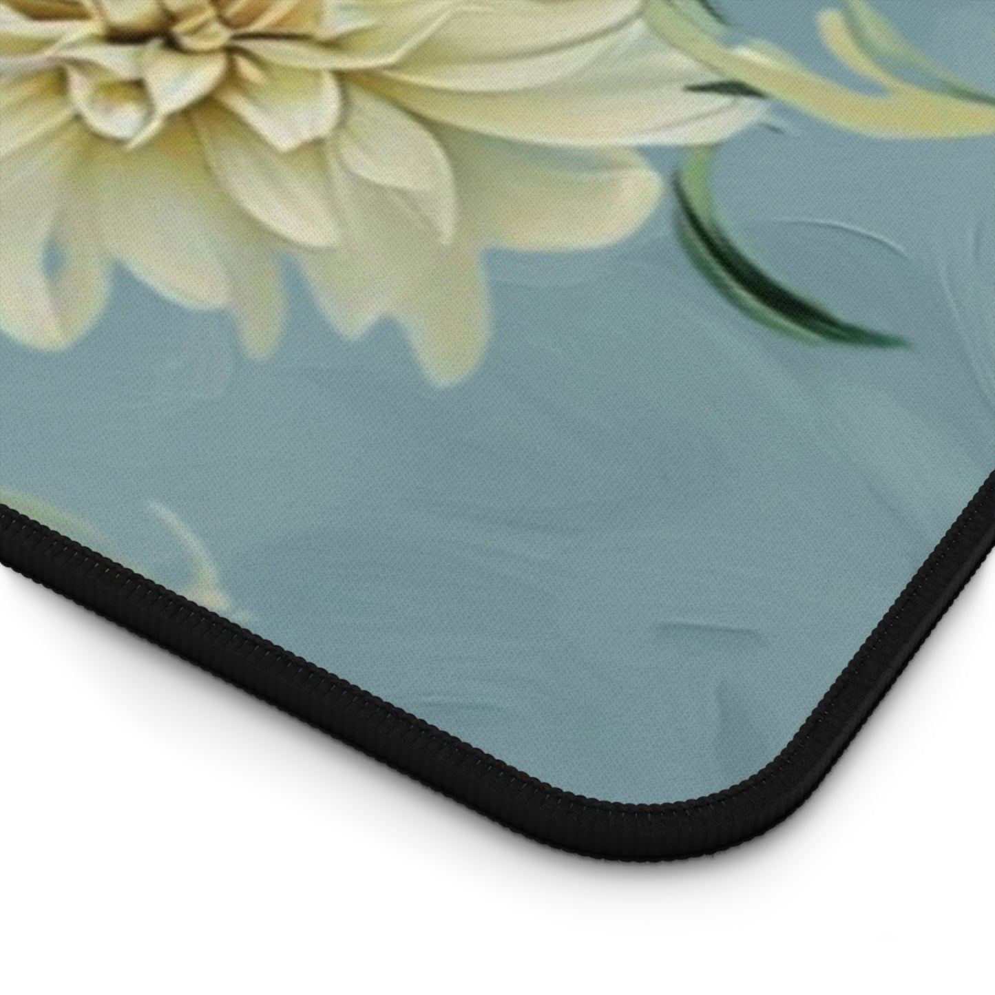 Close-up of Golden Dahlia Trio desk mat showing detailed golden dahlia flower design