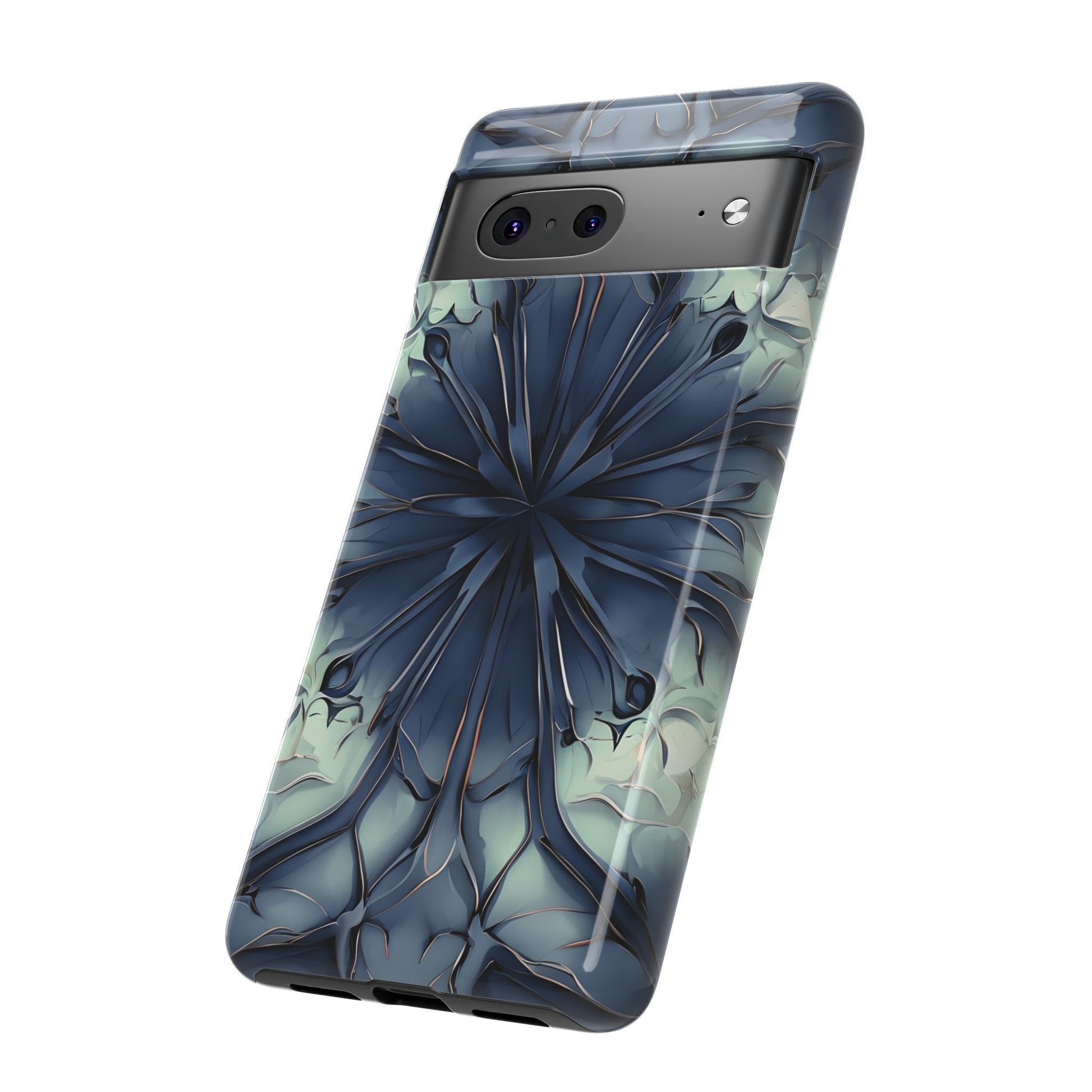 Indigo Mosaic - Artistic Kaleidoscope Collection Artistic Floral - Google Pixel 7 Tough Phone Case - Bold Blue Symmetrical Design