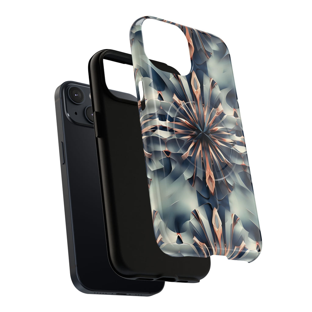 Obsidian Kaleidoscope Artistic Floral Burst - iPhone 14 MagSafe Phone Case -Blue, Peach and Silver Symmetrical Design