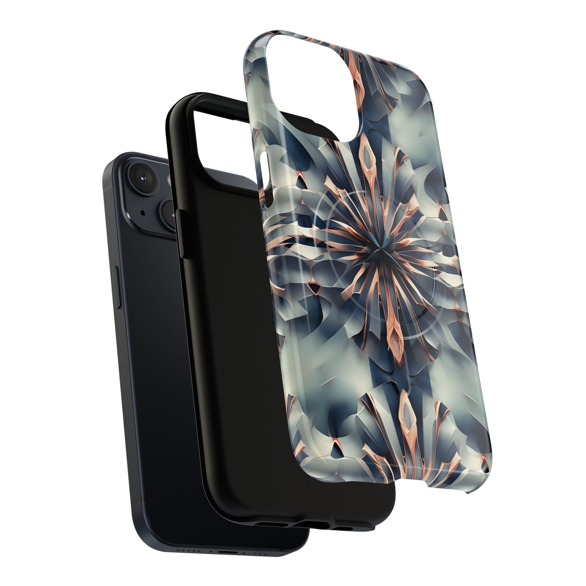 Obsidian Kaleidoscope Artistic Floral Burst - iPhone 14 MagSafe Phone Case -Blue, Peach and Silver Symmetrical Design