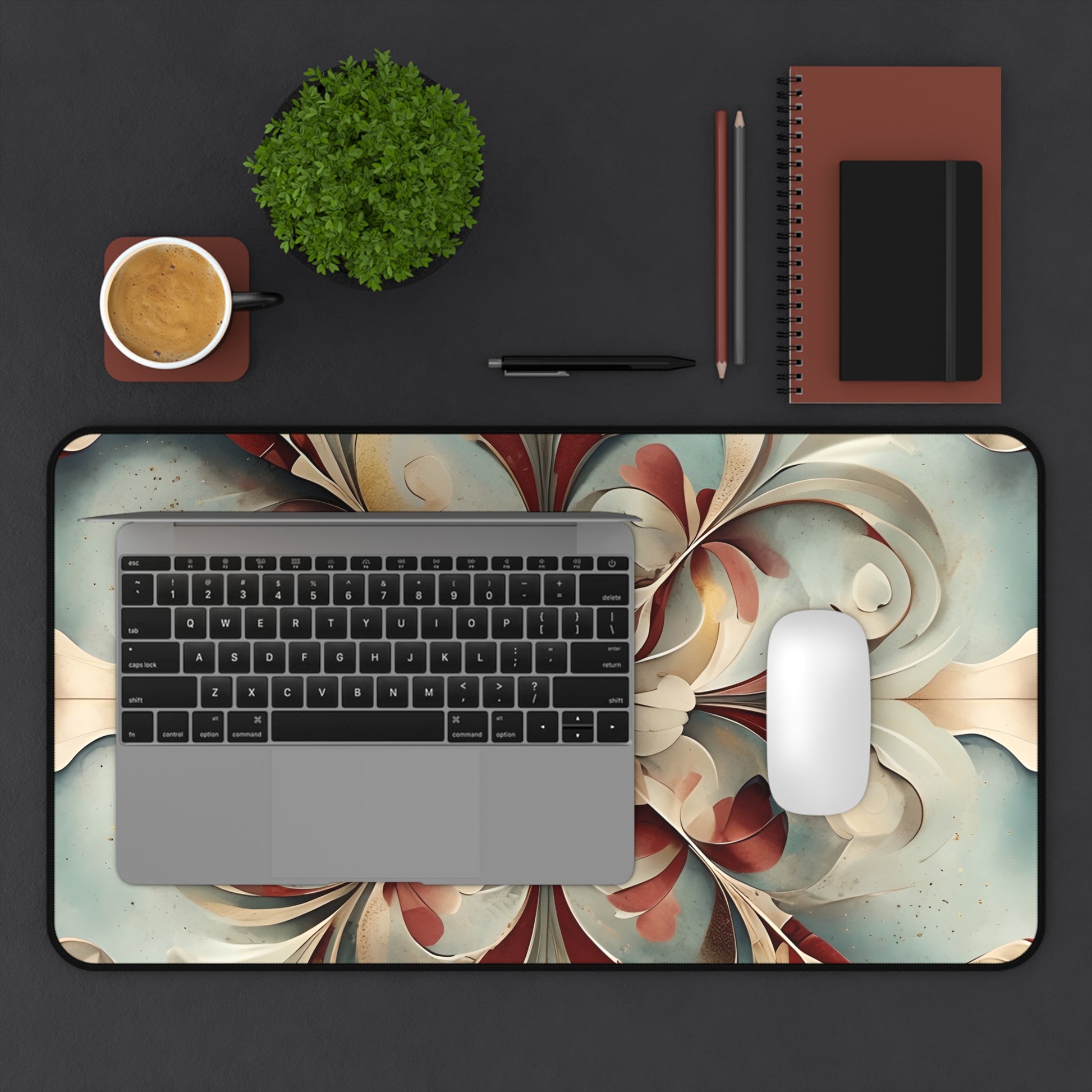 Vintage Baroque Blossom desk mat in workspace with keyboard showing classic floral design