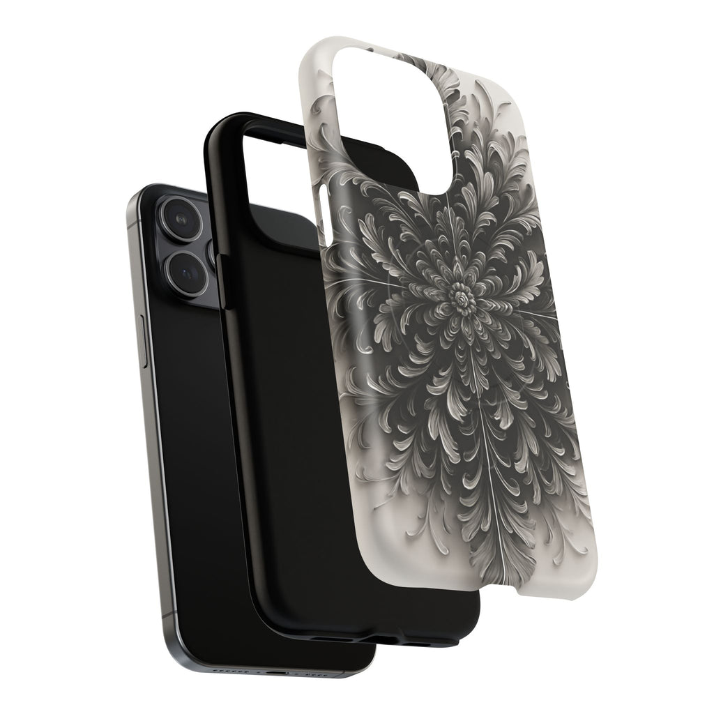 Obsidian Bloom - Elegant Black & White iPhone 15 Pro Max MagSafe Phone Case - Intricate Mandala Flower Design