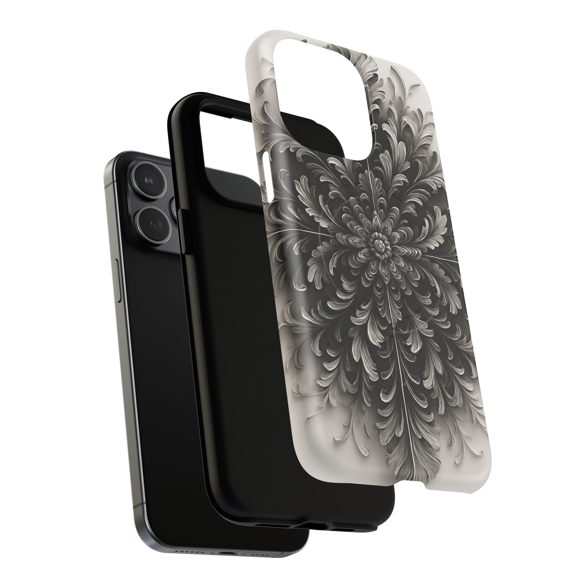 Obsidian Bloom - Elegant Black & White iPhone 15 Pro Max MagSafe Phone Case - Intricate Mandala Flower Design