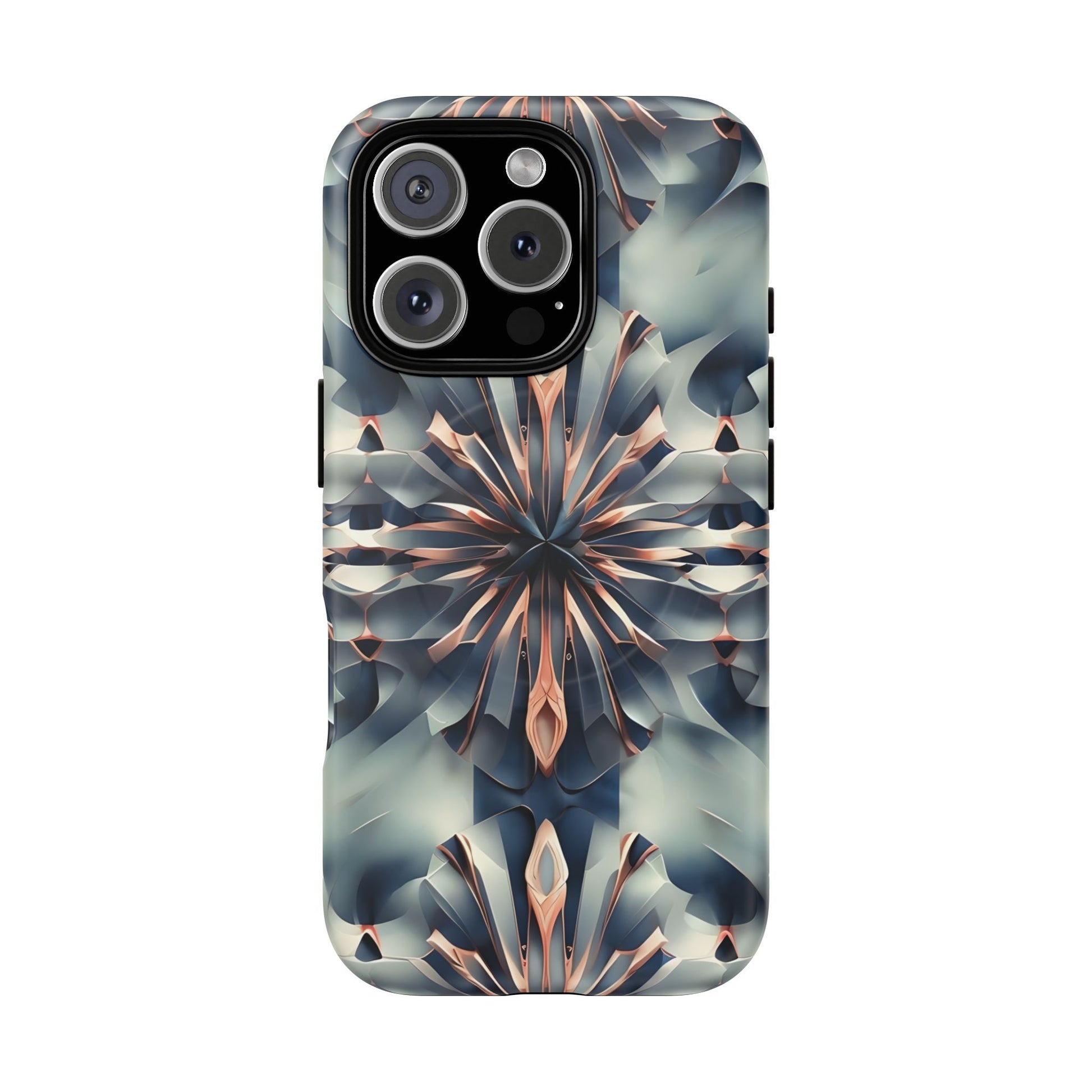 Obsidian Kaleidoscope Artistic Floral Burst - iPhone 16 Pro MagSafe Phone Case -Blue, Peach and Silver Symmetrical Design