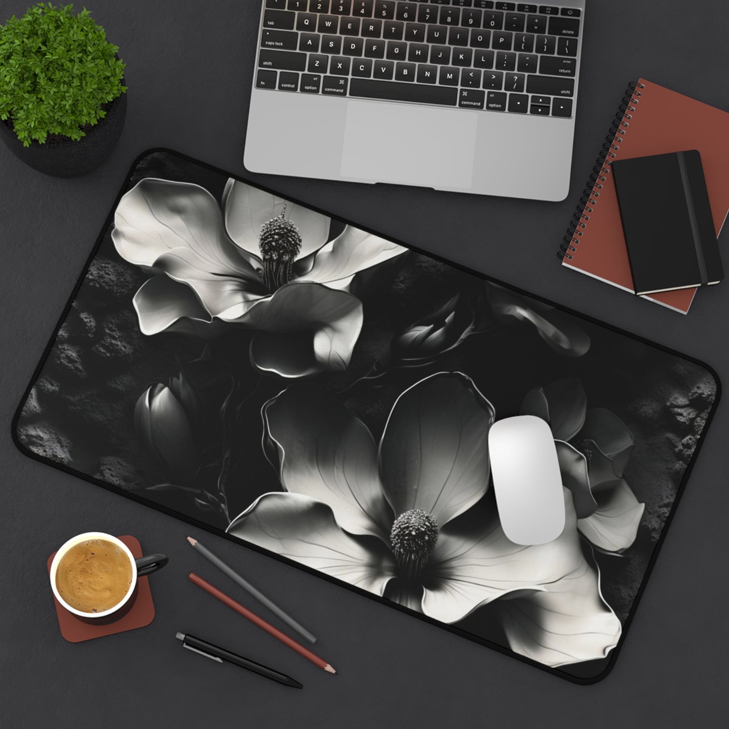 Monochrome Magnolia Desk Mat - Premium Office Desk Pad, 3 Sizes Available, Artistic Workspace Protection