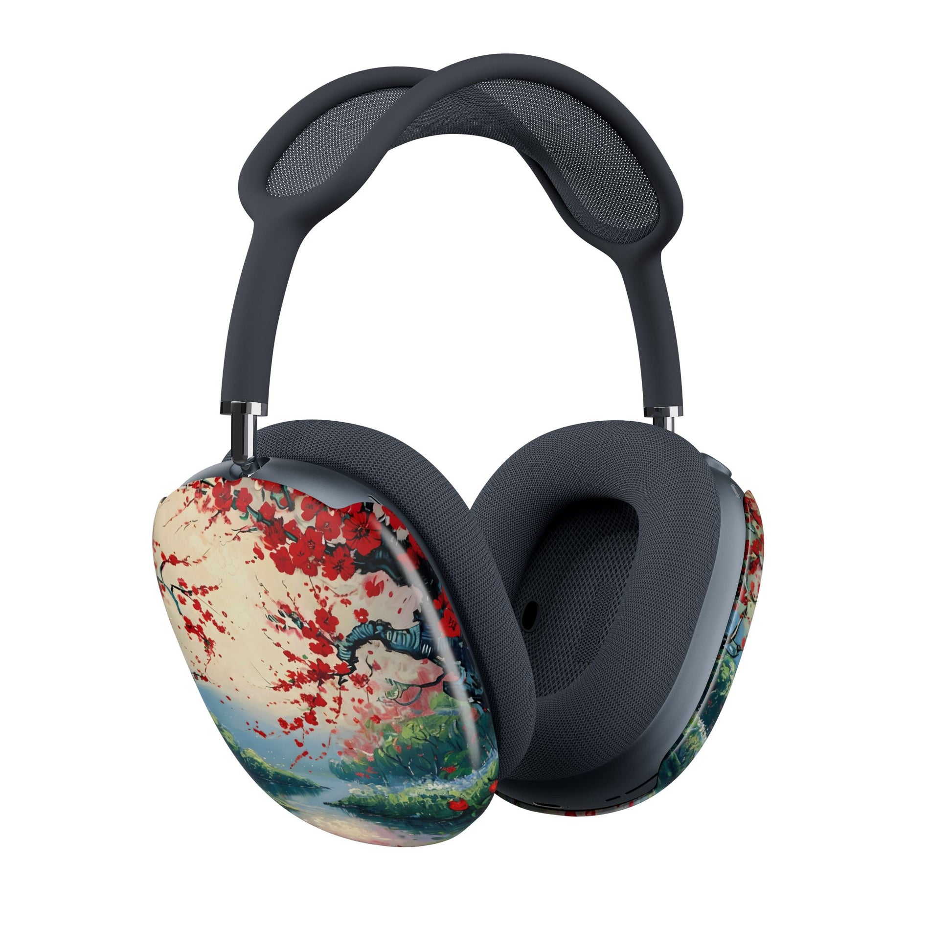 Crimson Blossom Lake AirPods Max cover set on Apple headphones, serene red blossom and lake scene design for Apple AirPods Max, angled side view