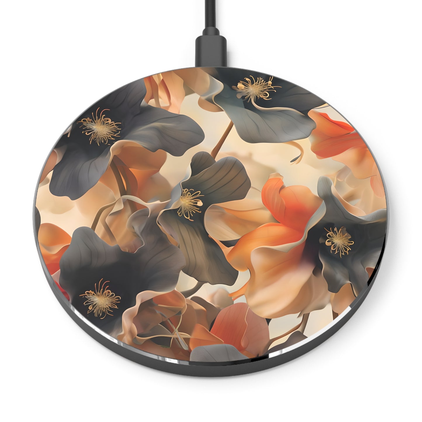 Autumn Ember fall floral decorative Qi wireless charger with warm autumn flowers in orange and black tones
