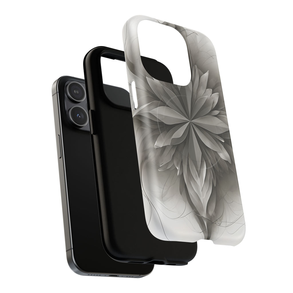 Silver Lotus - Elegant Monochrome Floral iPhone 15 Pro MagSafe Phone Case - Modern Lotus Design
