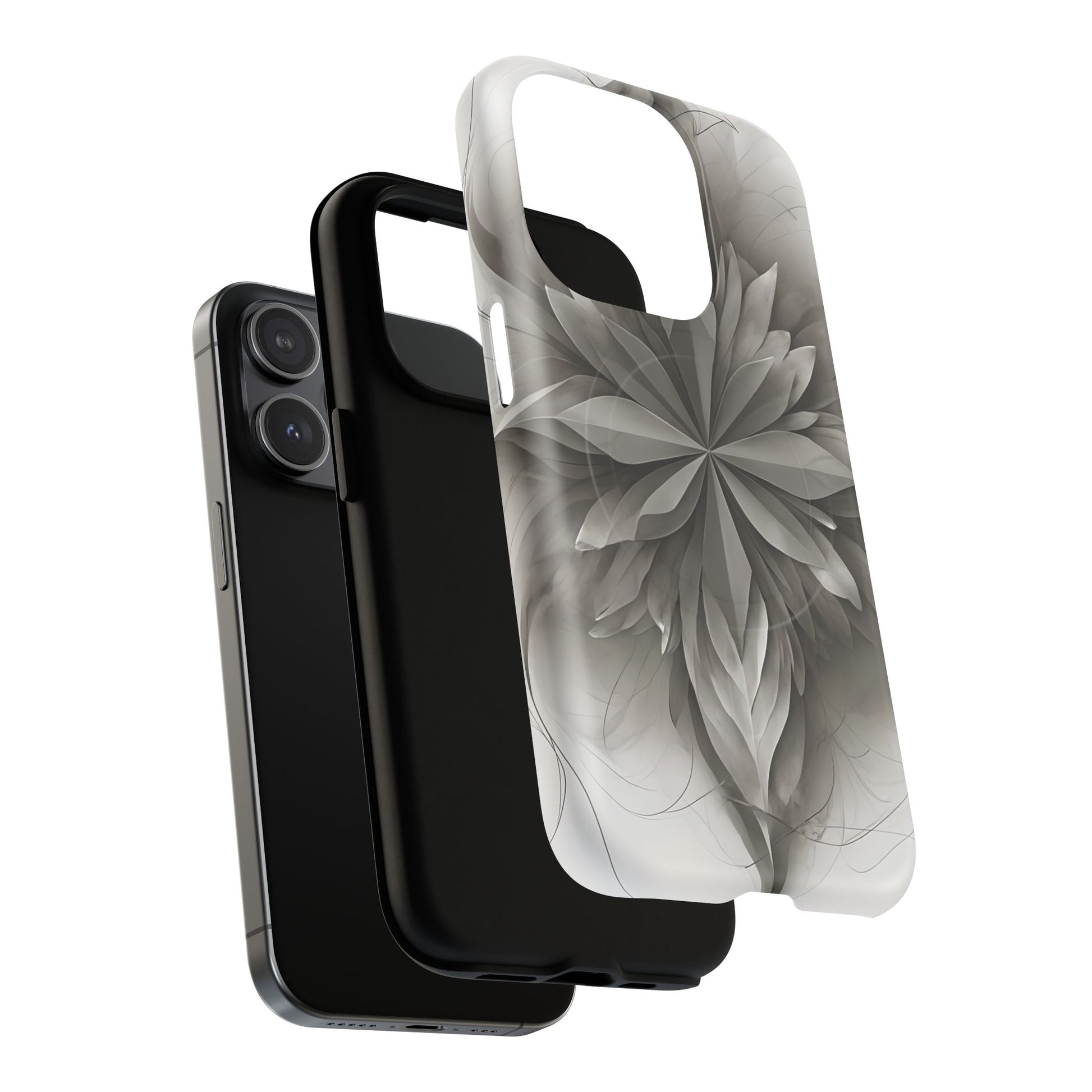 Silver Lotus - Elegant Monochrome Floral iPhone 15 Pro MagSafe Phone Case - Modern Lotus Design
