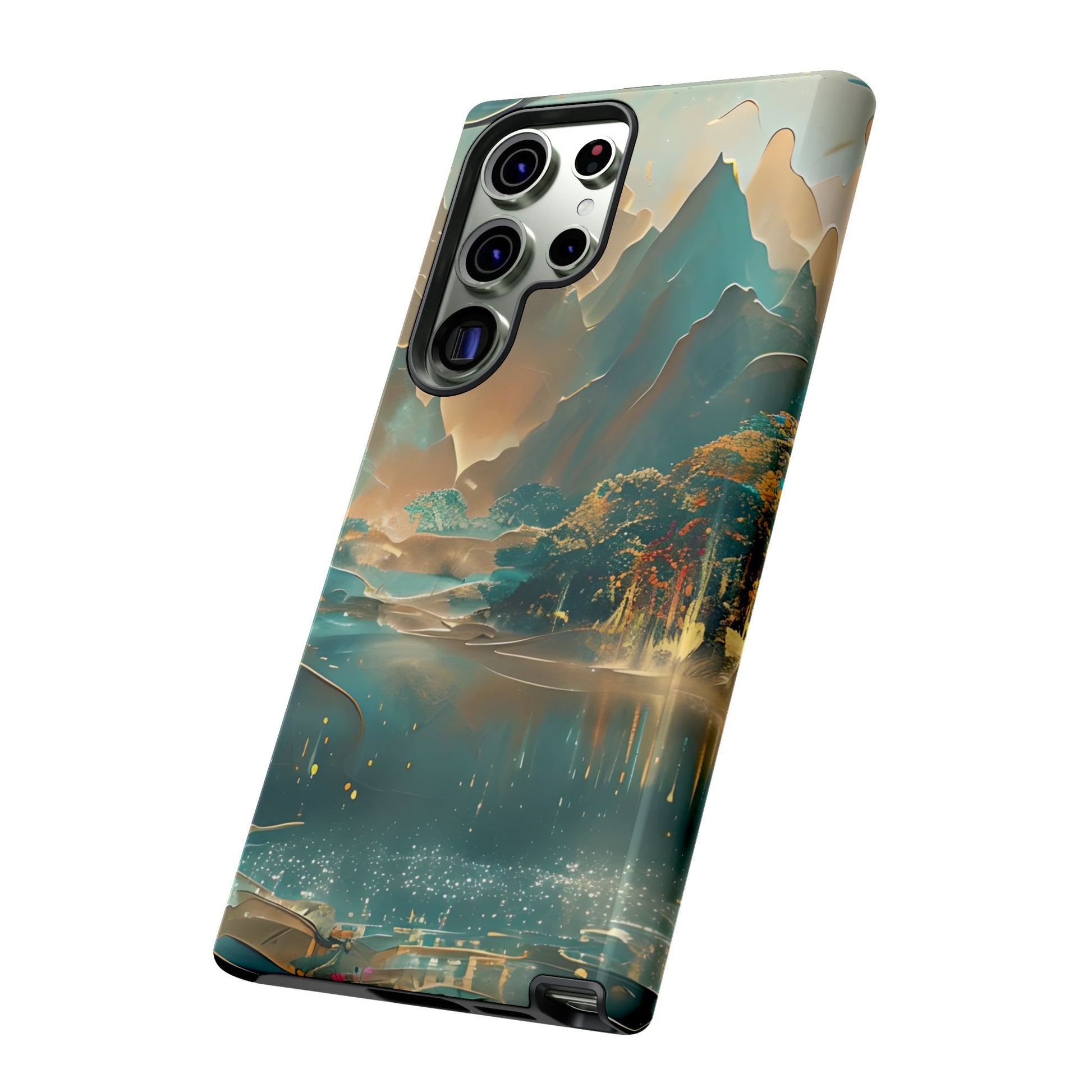 Misty Horizon Samsung Galaxy phone case angled view featuring dreamy misty mountains and water scene artwork