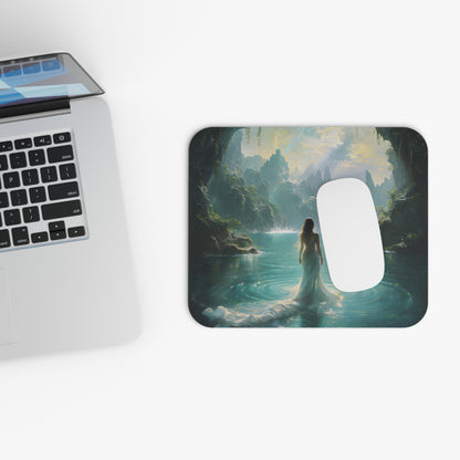 Celestial Tides mouse pad beside laptop displaying celestial ocean artwork