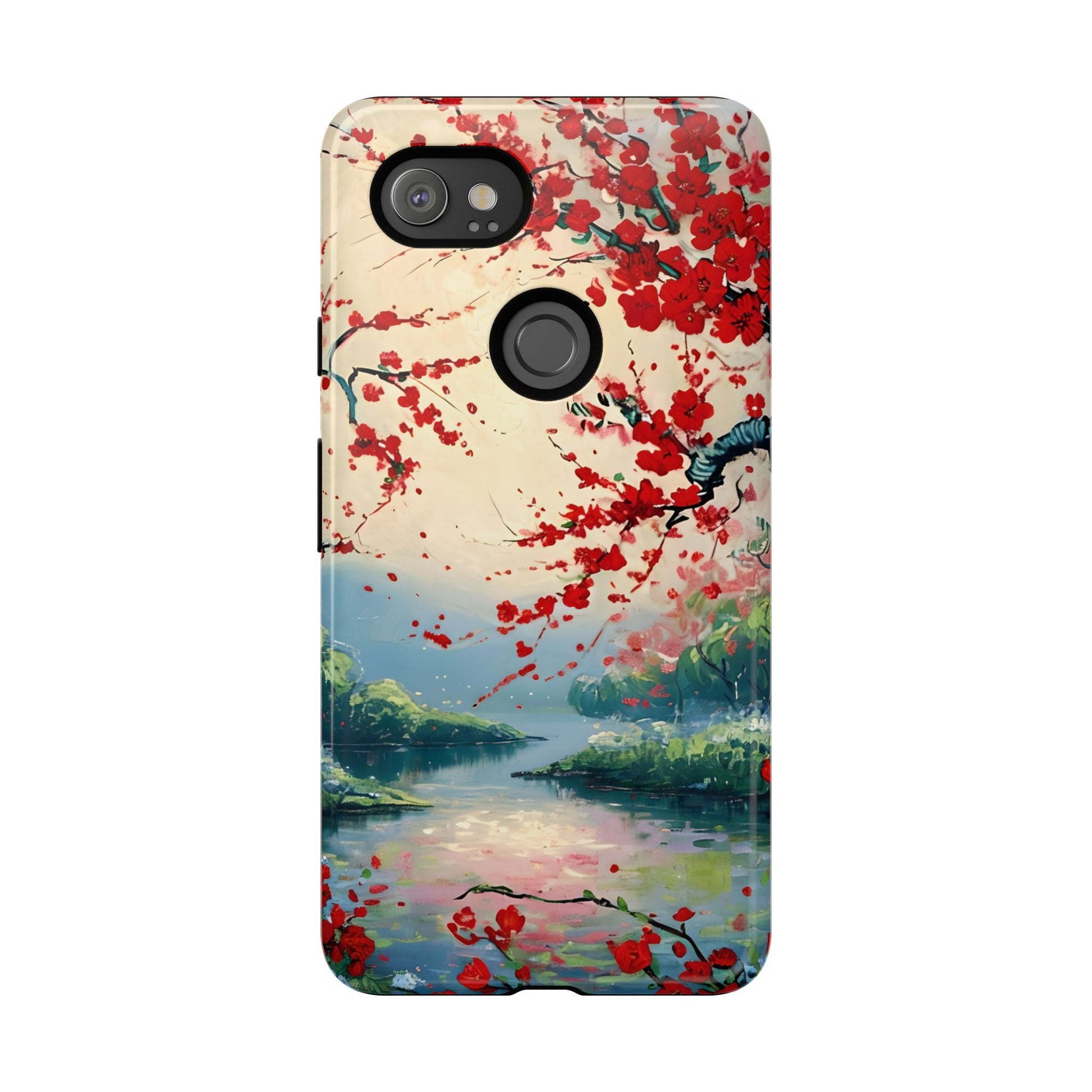 Crimson Blossom Lake - Artistic Floral Landscape Google Pixel 2XL Tough Phone Case - Red Cherry Blossoms & Serene Lake Design