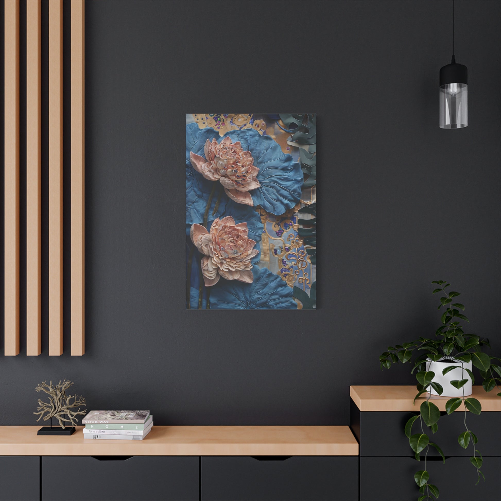 Peony Midnight Tapestry wall art canvas displayed on a dark accent wall in a modern living room