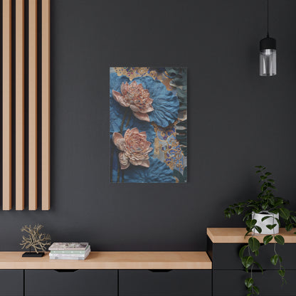 Peony Midnight Tapestry wall art canvas displayed on a dark accent wall in a modern living room