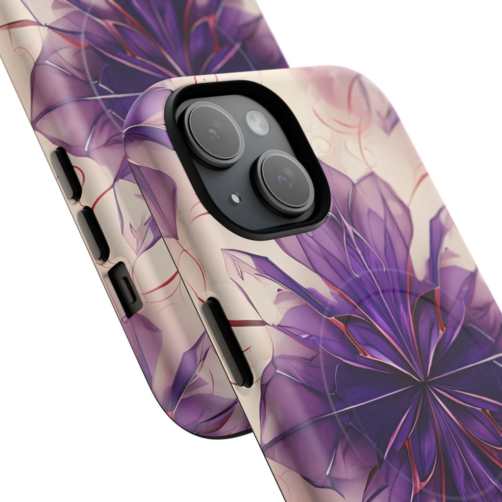 Violet Reverie - Kaleidoscope Collection Artistic Floral Burst - iPhone 15 MagSafe Phone Case - Bold Purple Symmetrical Design