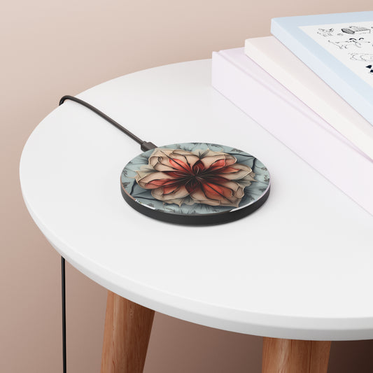 Ember Bloom floral mandala art Qi wireless charger on bedside table with books