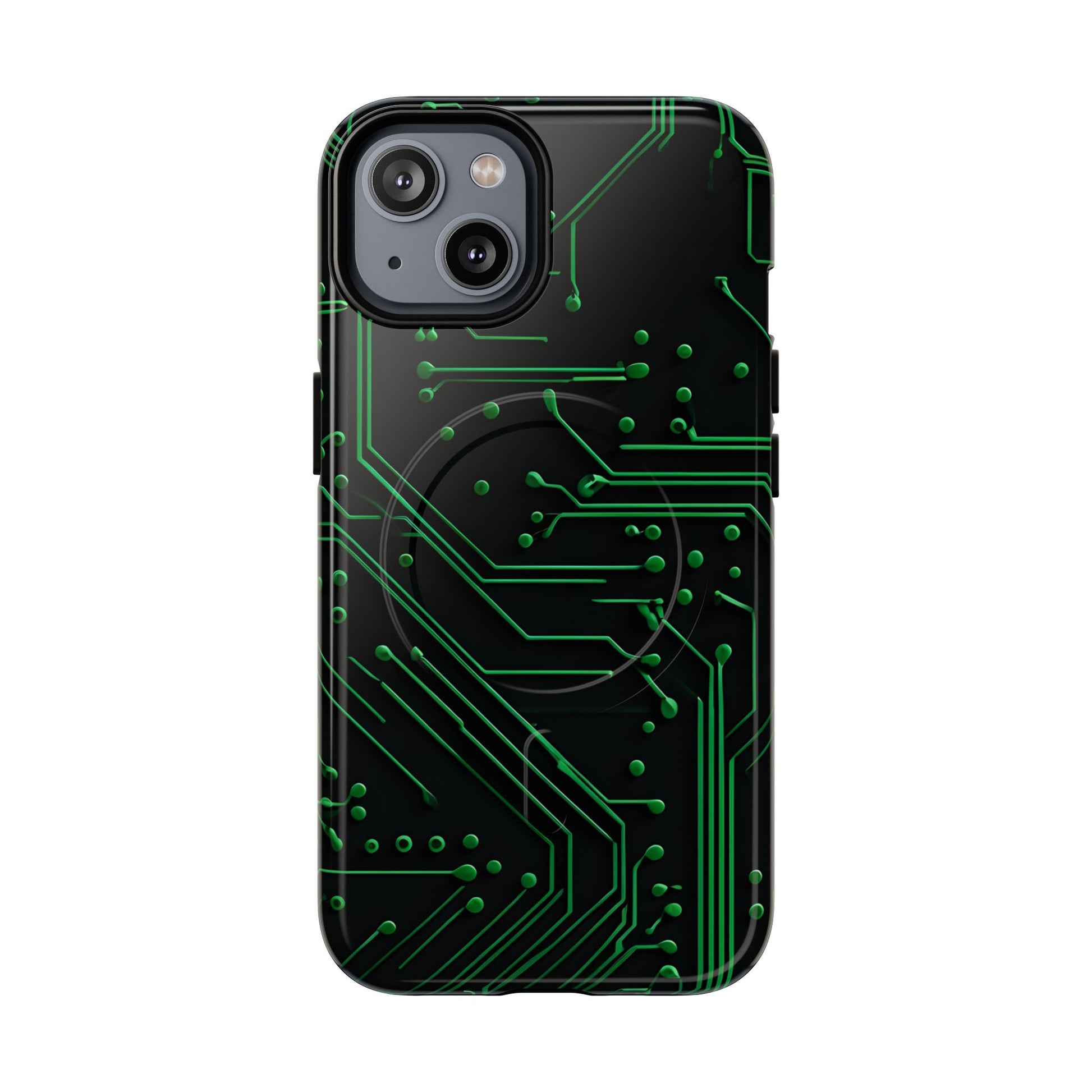 Green Circuit Grid iPhone MagSafe case with green electronic circuit board pattern