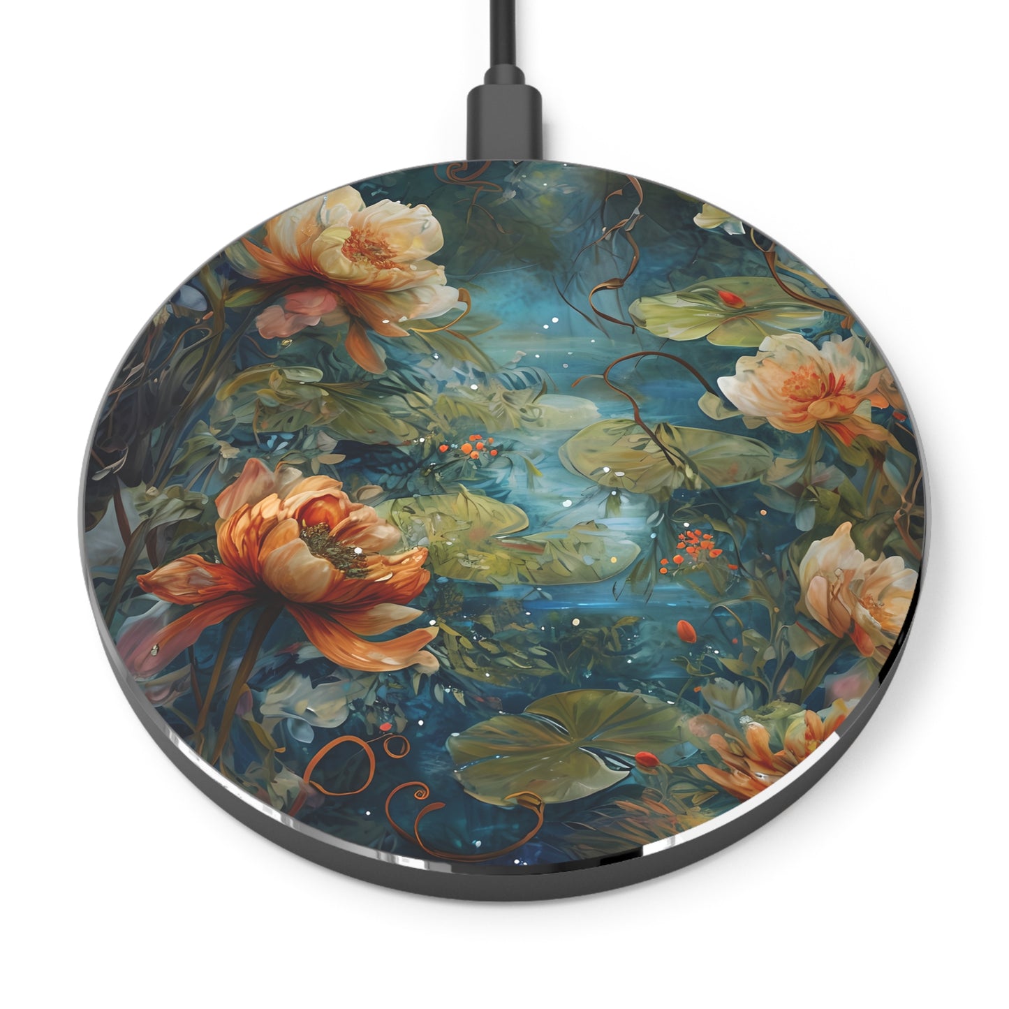 Waterlily Nocturne lily pond floral art Qi wireless charger with glowing water lilies and botanical night garden design