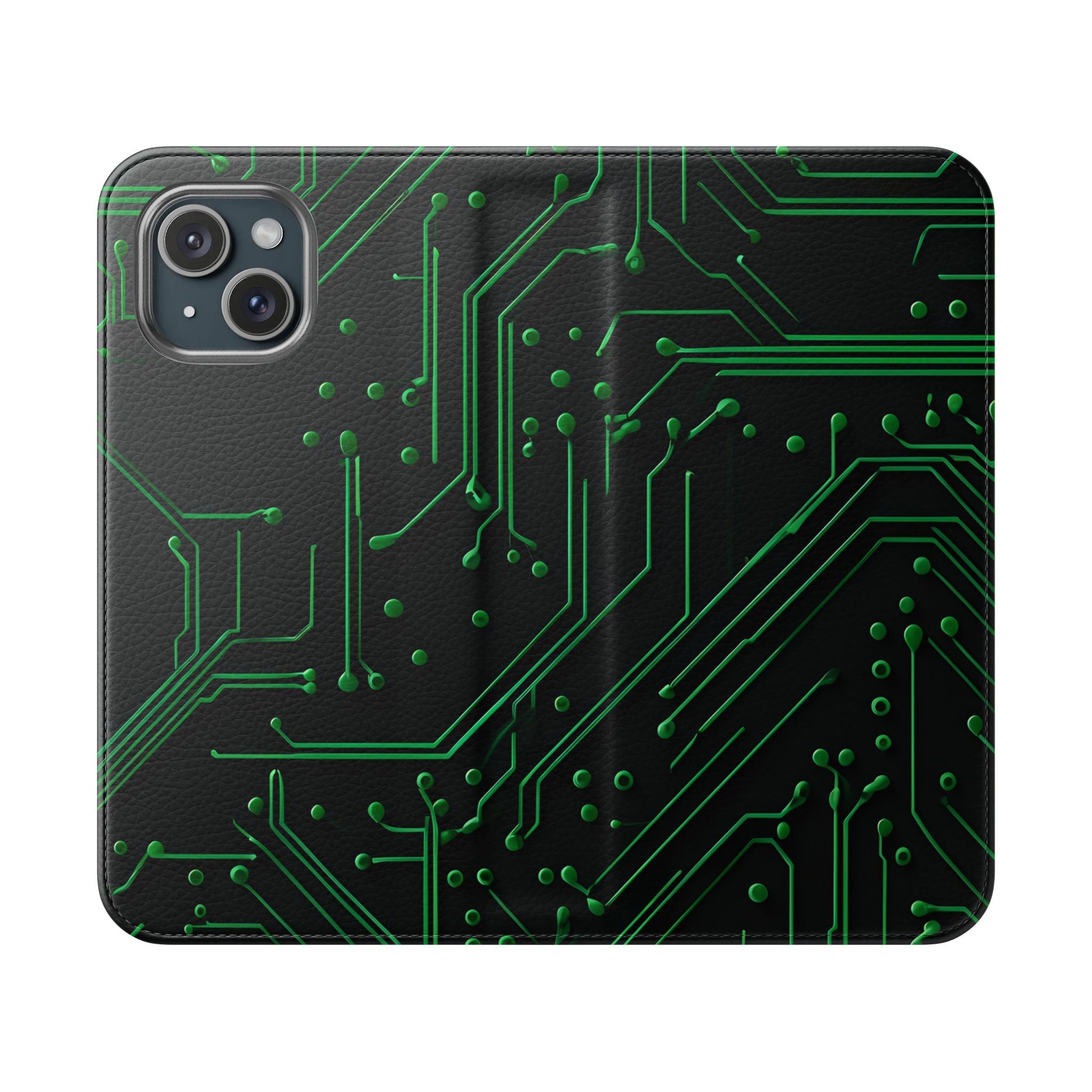 Green Circuit Grid Wallet Phone Case - Green & Black Computer Circuit Design - Flip Cover for iPhone 15