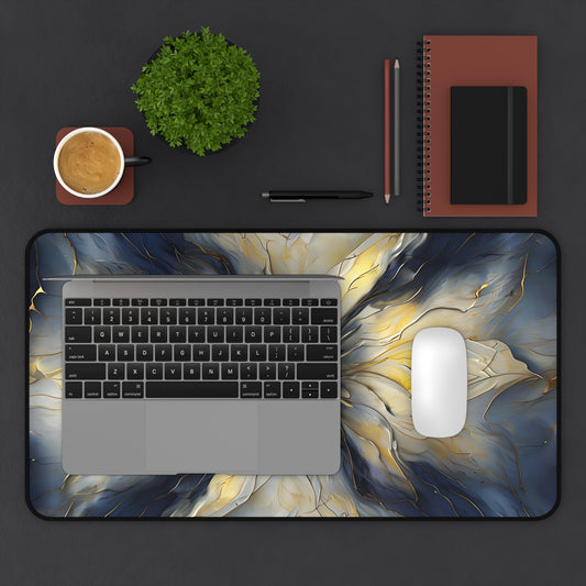 Luminous Petal desk mat in workspace with keyboard showing radiant floral mandala artwork