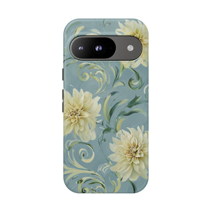 Golden Dahlia Trio - Elegant Floral Google Pixel Tough Phone Case - Artistic White & Blue Dahlia Design