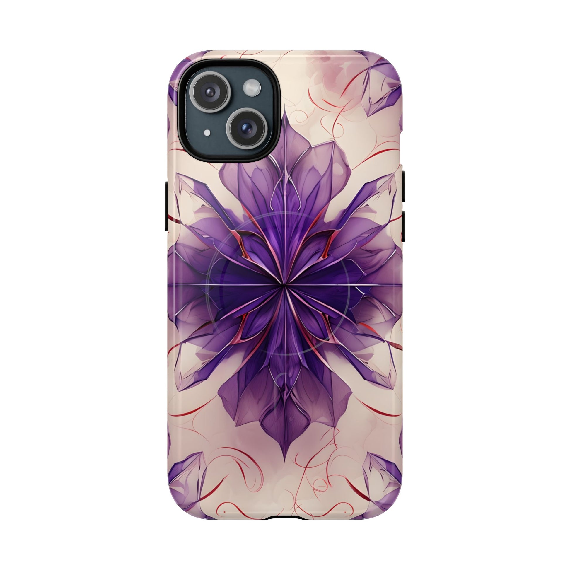 Violet Reverie - Kaleidoscope Collection Artistic Floral Burst - iPhone 15 Plus MagSafe Phone Case - Bold Purple Symmetrical Design