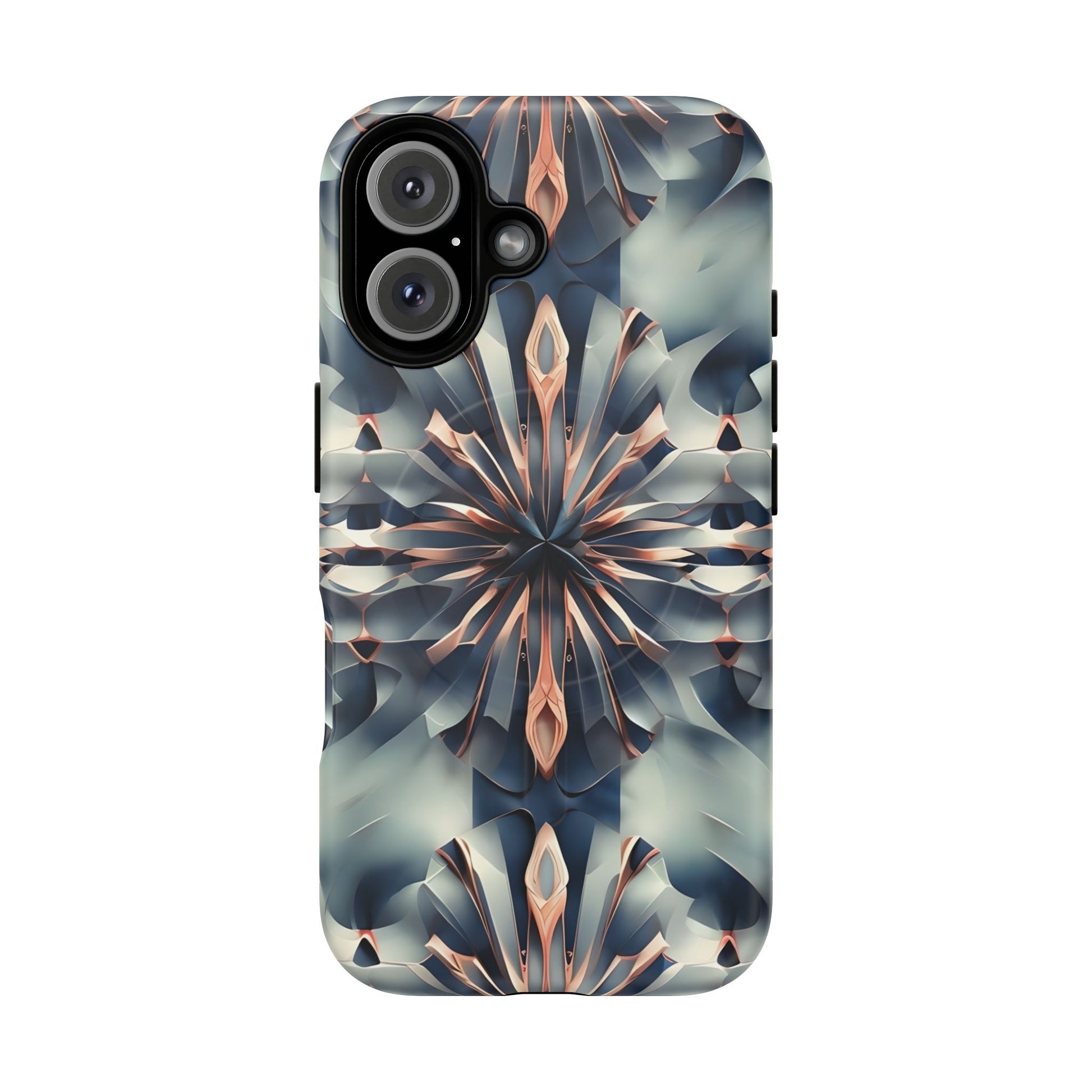 Obsidian Kaleidoscope Artistic Floral Burst - iPhone 16 MagSafe Phone Case -Blue, Peach and Silver Symmetrical Design