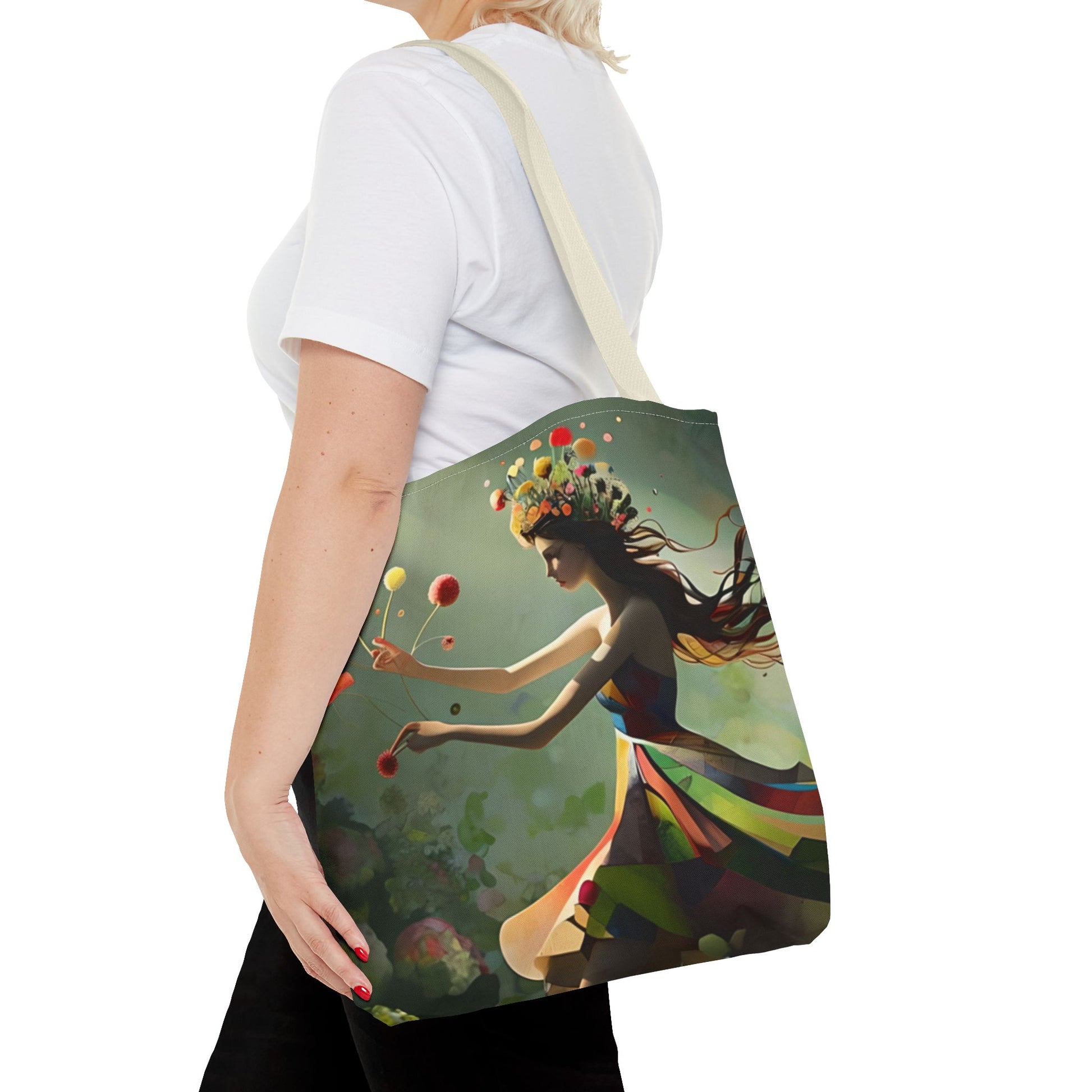 Dancing Wildflower Muse Tote (16x16 & 18x18)- Ethereal Spring Dancer in Floral Meadow, Reusable & Eco-Friendly Canvas