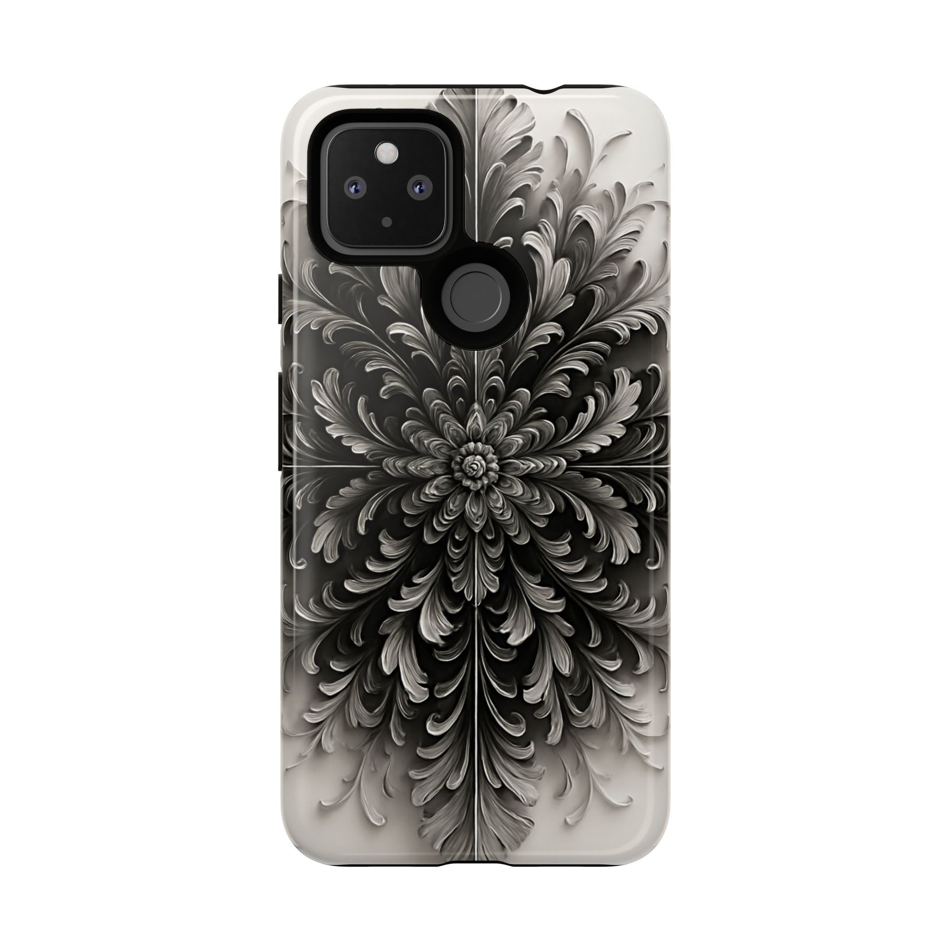 Obsidian Bloom - Elegant Black & White Google Pixel 4a 5G Tough Phone Case - Intricate Mandala Flower Design