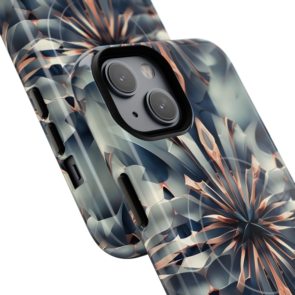 Obsidian Kaleidoscope Artistic Floral Burst - iPhone 14 MagSafe Phone Case -Blue, Peach and Silver Symmetrical Design