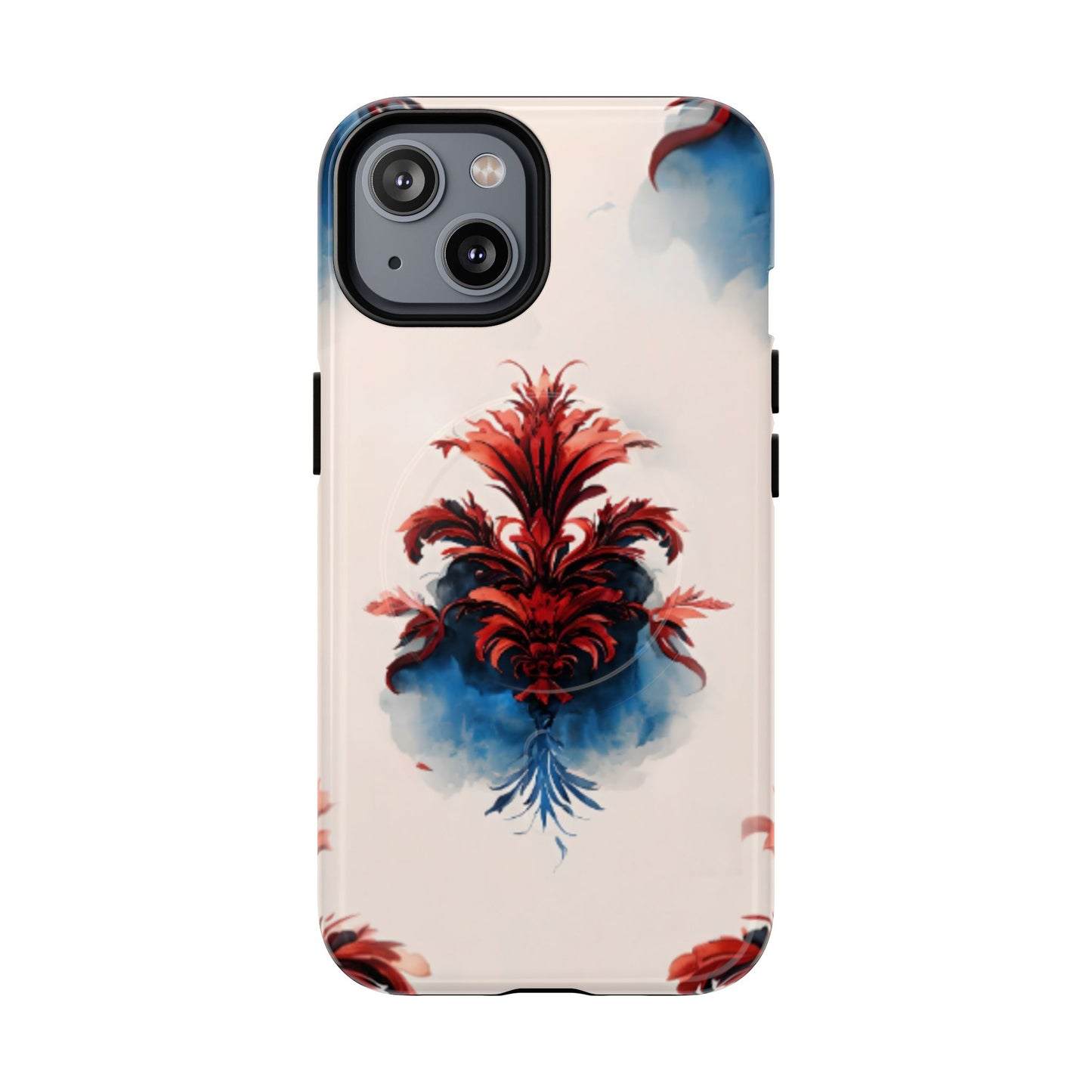 Crimson Plume iPhone MagSafe case with red, white and blue feather plume design