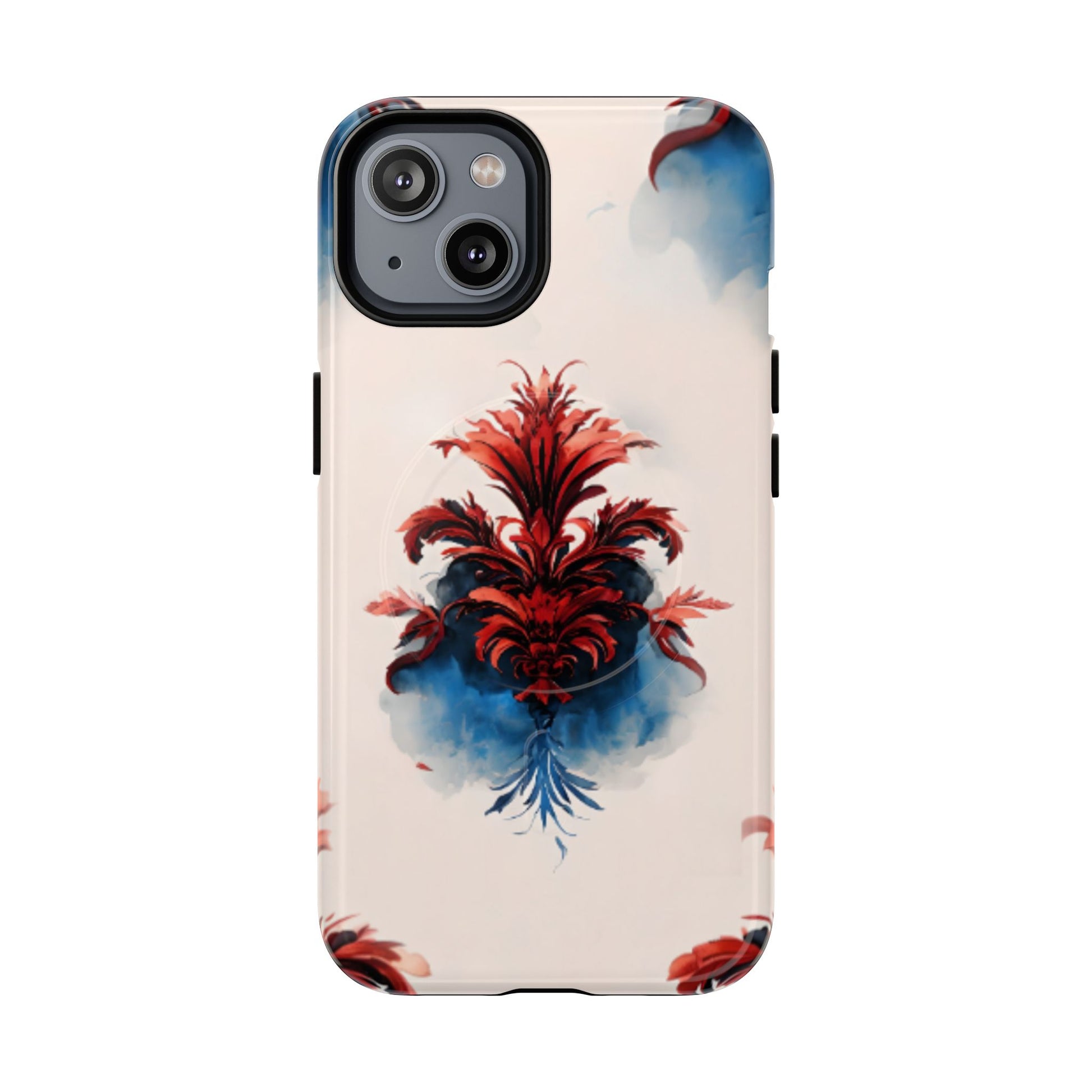 Crimson Plume iPhone MagSafe case with red, white and blue feather plume design