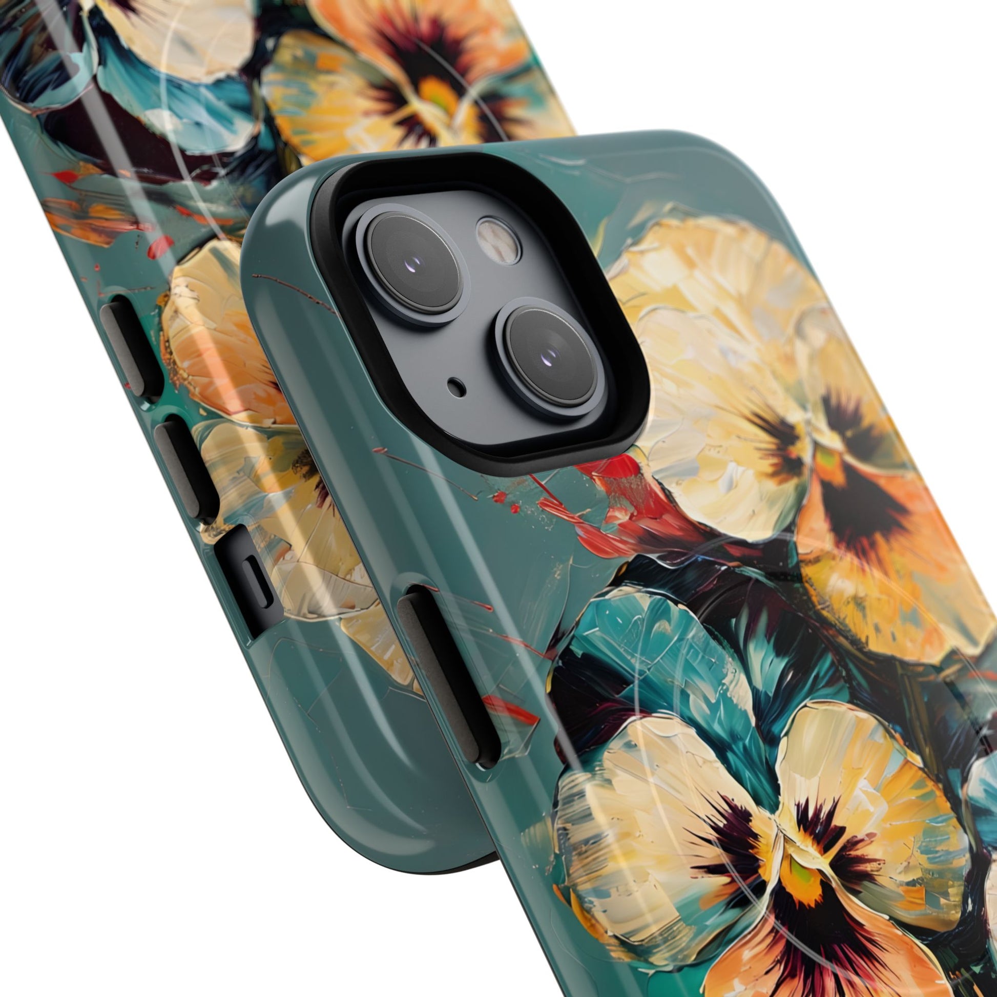 Angled view of Golden Pansy Cascade iPhone MagSafe protective phone case