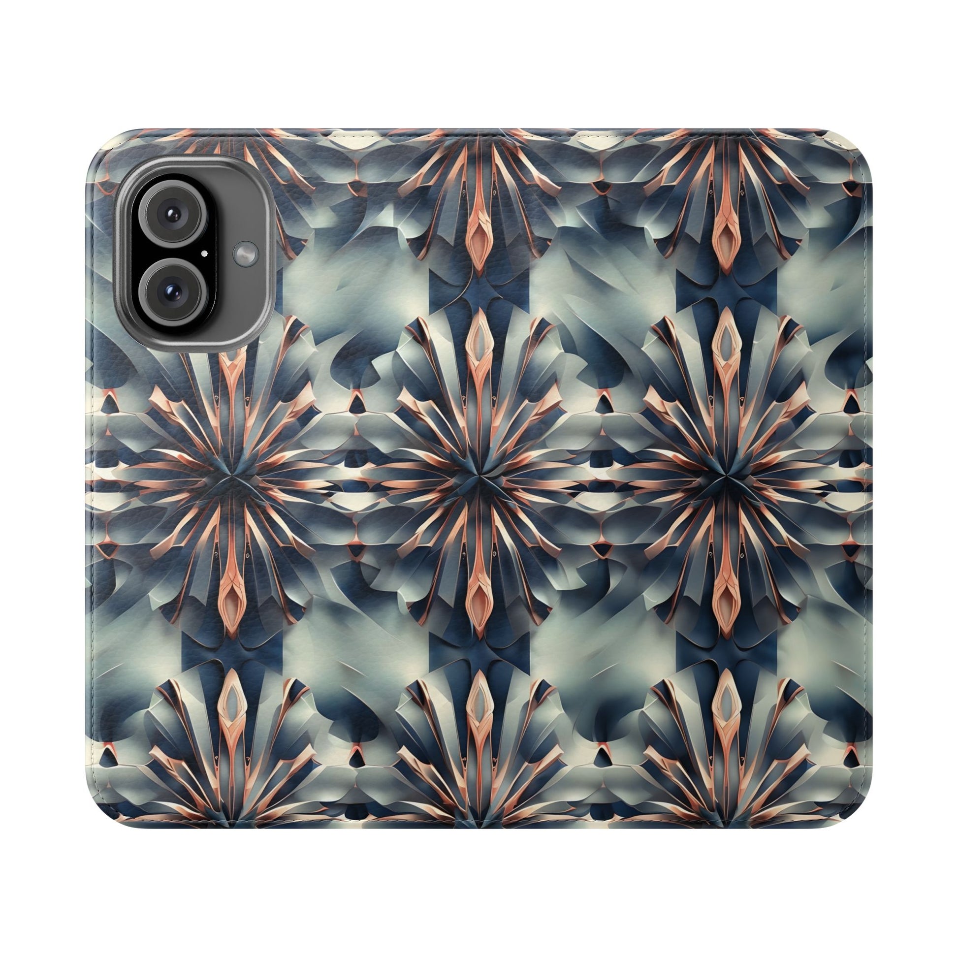 Obsidian Kaleidoscope iPhone 16 Wallet Case - Elegant Abstract Flip Cover with Card Slots