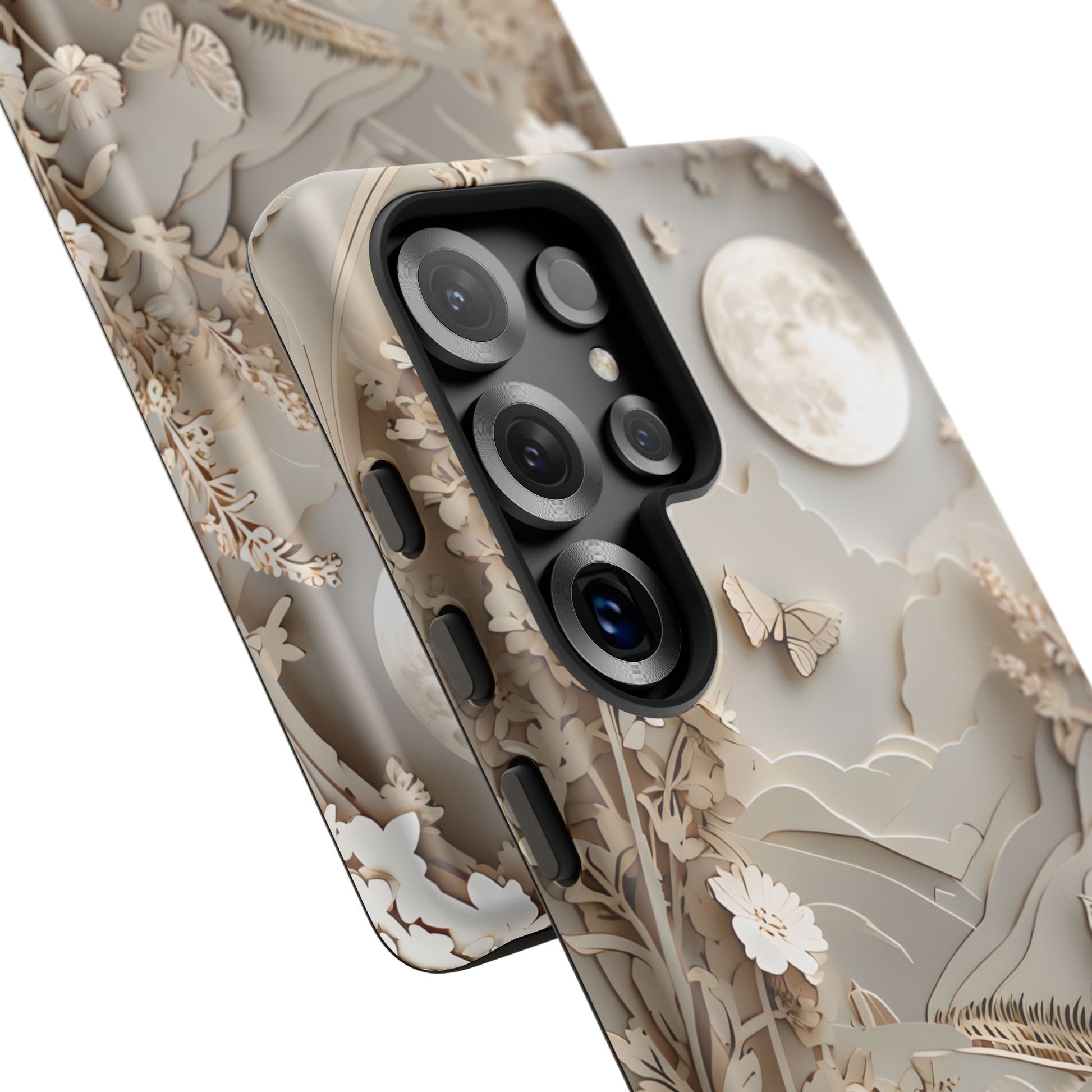 Moonlit Garden - Elegant Neutral Floral Samsung Galaxy S25 Ultra Tough Phone Case - Painterly Botanical & Moon Design