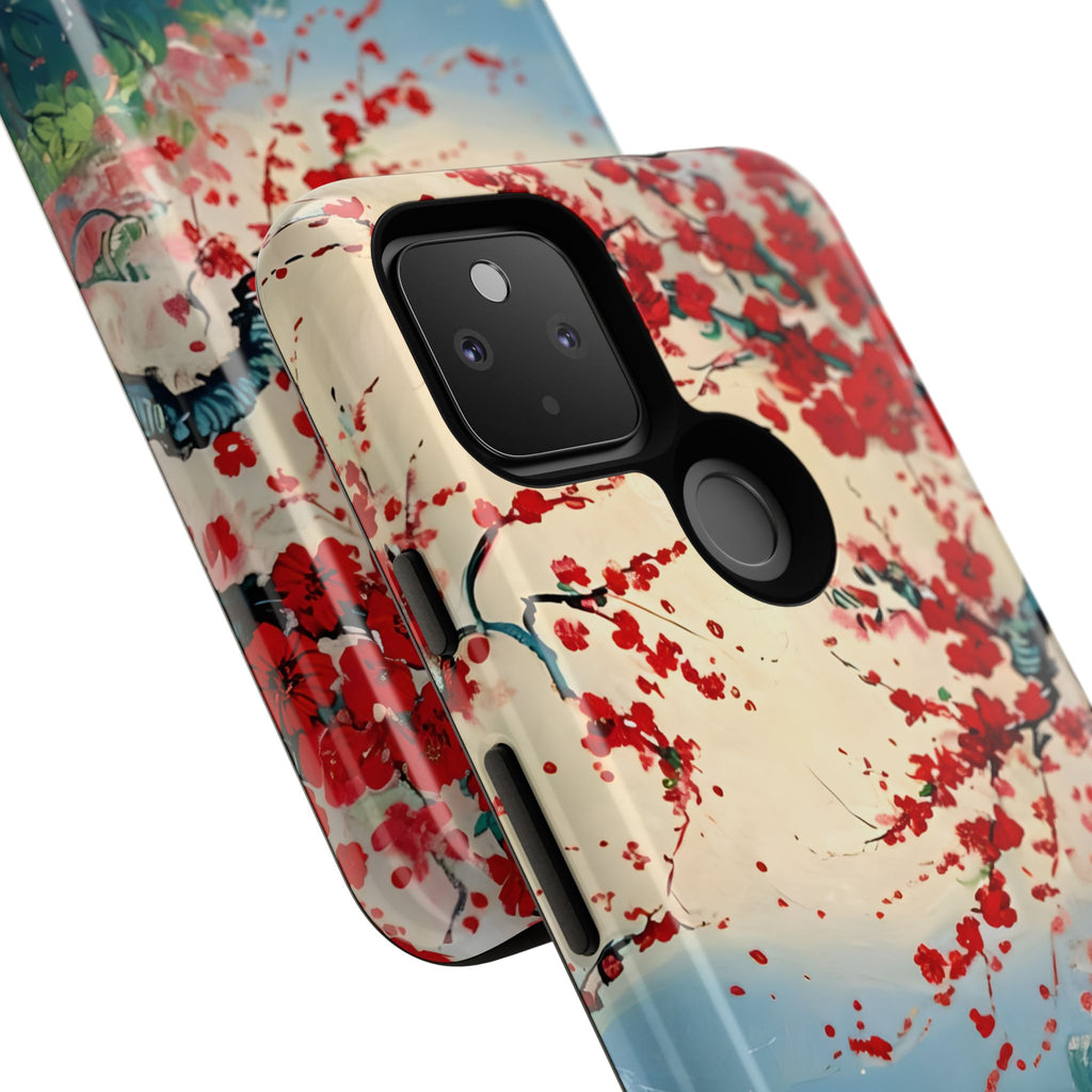 Crimson Blossom Lake - Artistic Floral Landscape Google Pixel 4a 5G Tough Phone Case - Red Cherry Blossoms & Serene Lake Design