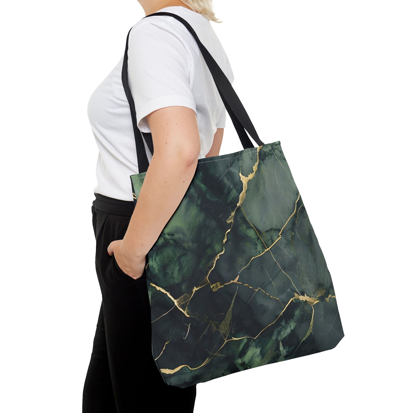 Verdant Vein Tote Bag (16x16 & 18x18)- Lush Green Marble Pattern with Golden Accents, Eco-Friendly Statement Accessory