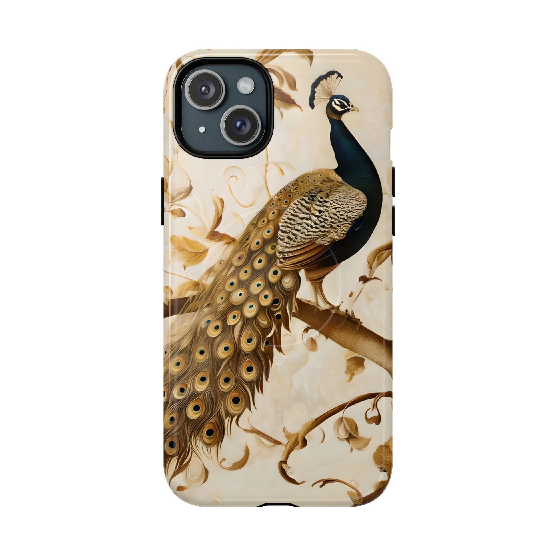 Golden Plumage - Luxe Peacock Art iPhone 15 Plus Phone Case - MagSafe Compatible - Elegant Gold & Cream Design