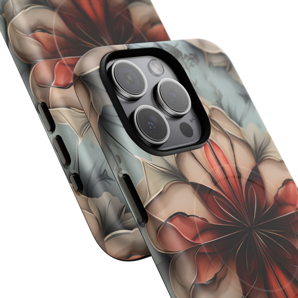 Ember Bloom - Kaleidoscope Collection Artistic Floral iPhone 15 Pro Max MagSafe Phone Case - Fiery Symmetrical Design