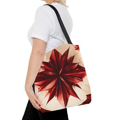 Ruby Compass canvas tote bag worn over shoulder showing vibrant red compass pattern