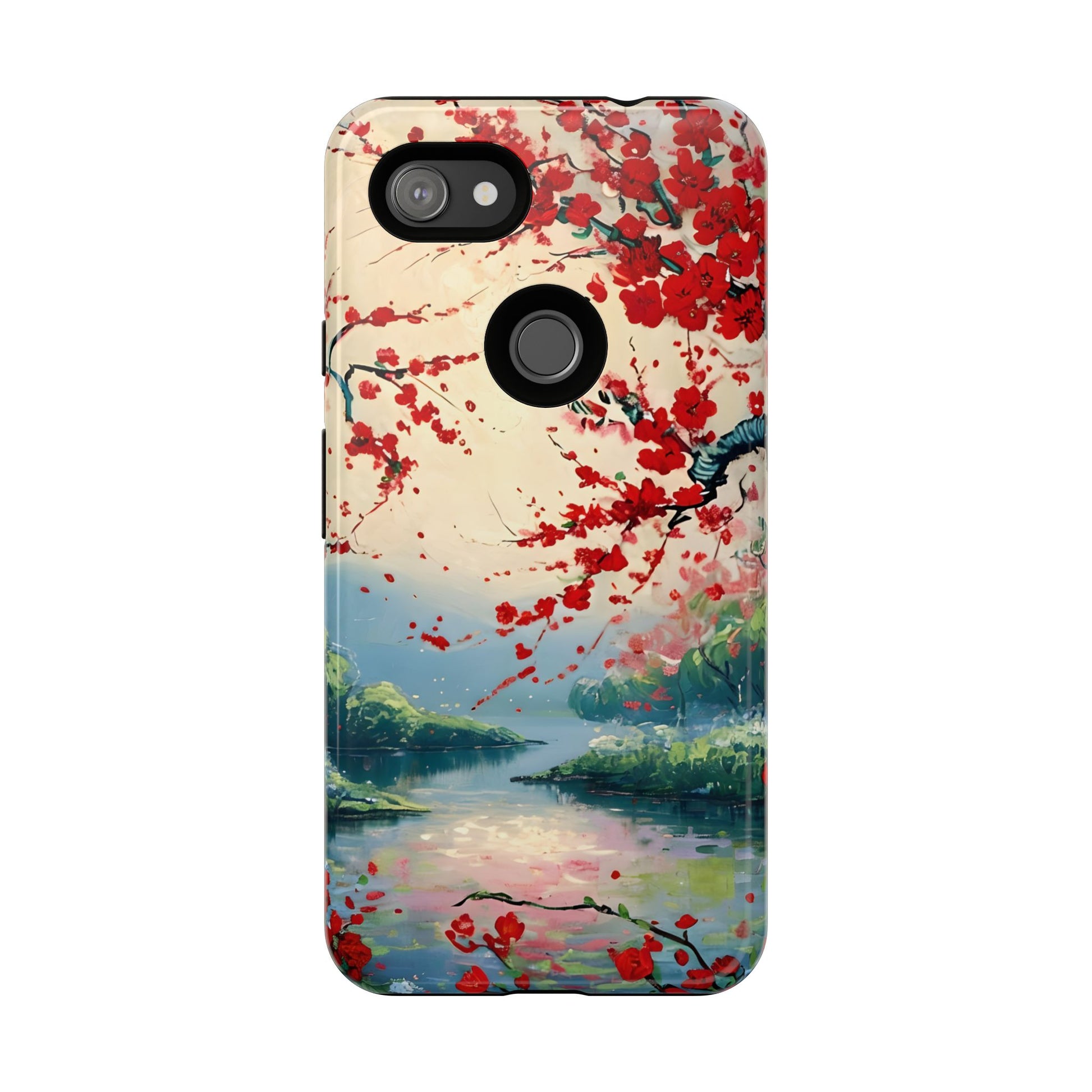 Crimson Blossom Lake - Artistic Floral Landscape Google Pixel 3a XL Tough Phone Case - Red Cherry Blossoms & Serene Lake Design